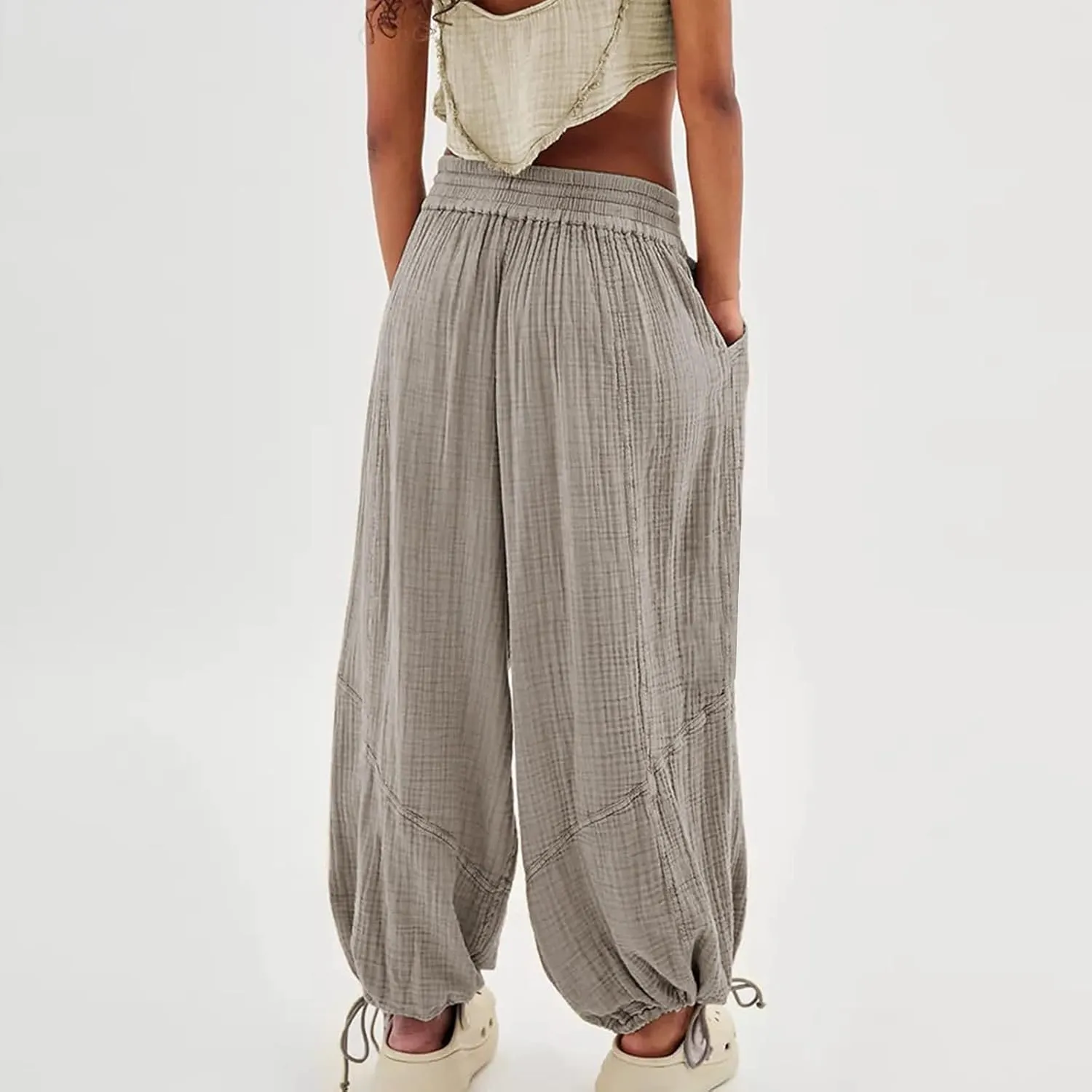 Litetao Wide Leg Pants Women Plus Size Comfy Hippie Harem Pants Baggy Linen High Waist Sweatpants Casual Trouser with Pockets