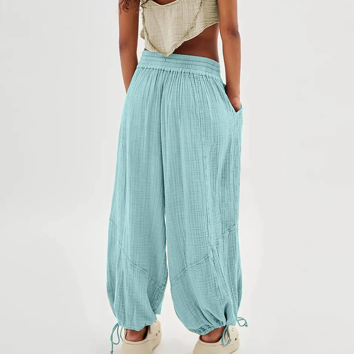 Litetao Wide Leg Pants Women Plus Size Comfy Hippie Harem Pants Baggy Linen High Waist Sweatpants Casual Trouser with Pockets