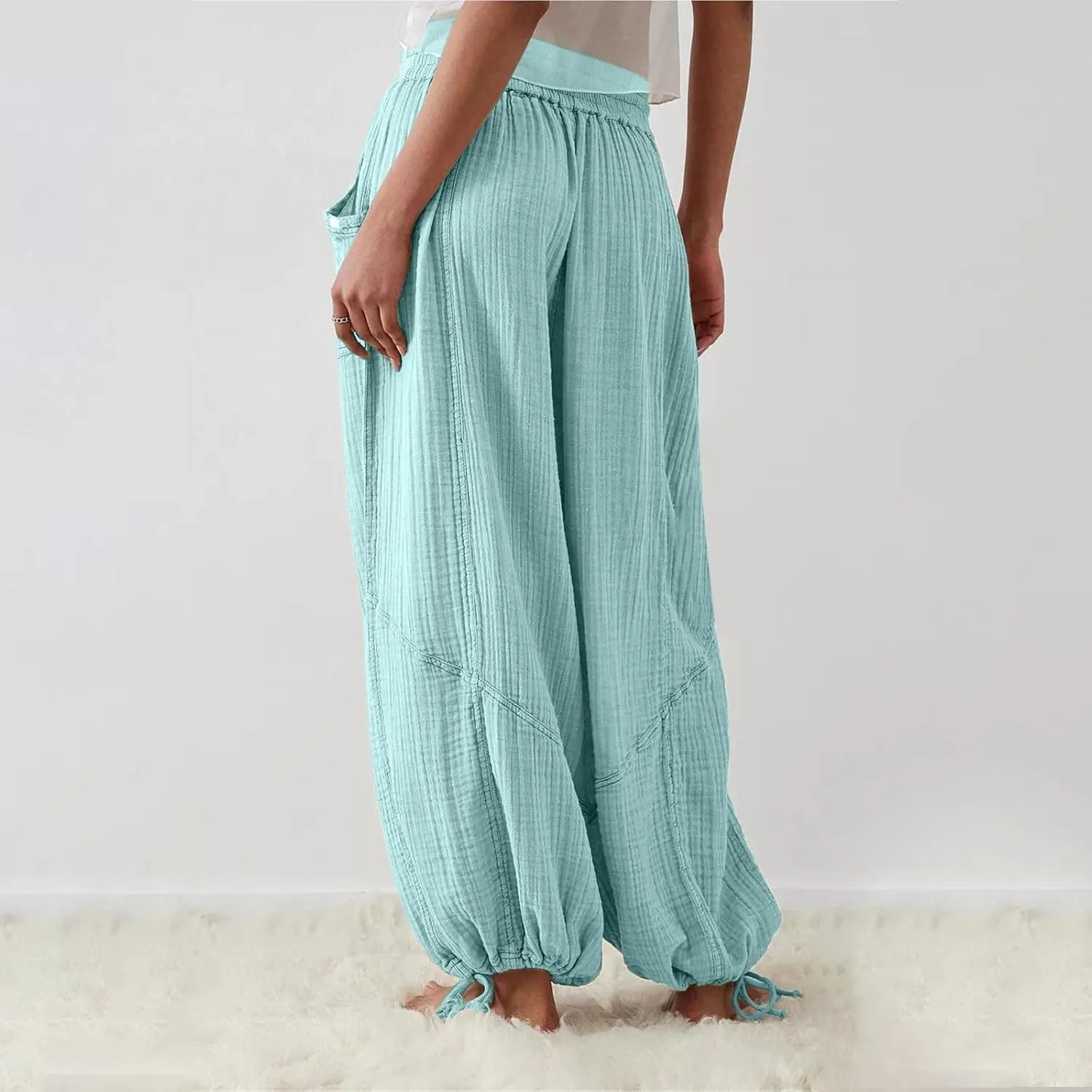 Litetao Wide Leg Pants Women Plus Size Comfy Hippie Harem Pants Baggy Linen High Waist Sweatpants Casual Trouser with Pockets