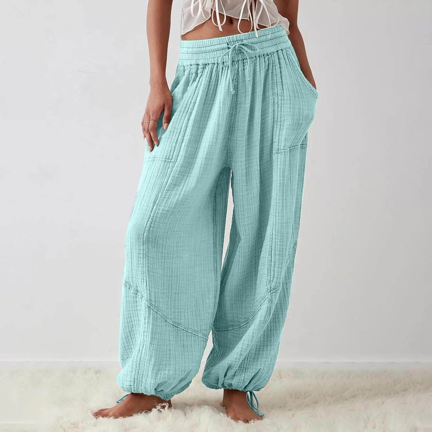 Litetao Wide Leg Pants Women Plus Size Comfy Hippie Harem Pants Baggy Linen High Waist Sweatpants Casual Trouser with Pockets