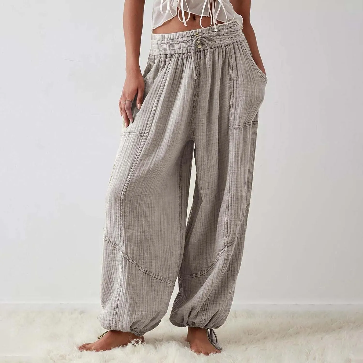 Litetao Wide Leg Pants Women Plus Size Comfy Hippie Harem Pants Baggy Linen High Waist Sweatpants Casual Trouser with Pockets