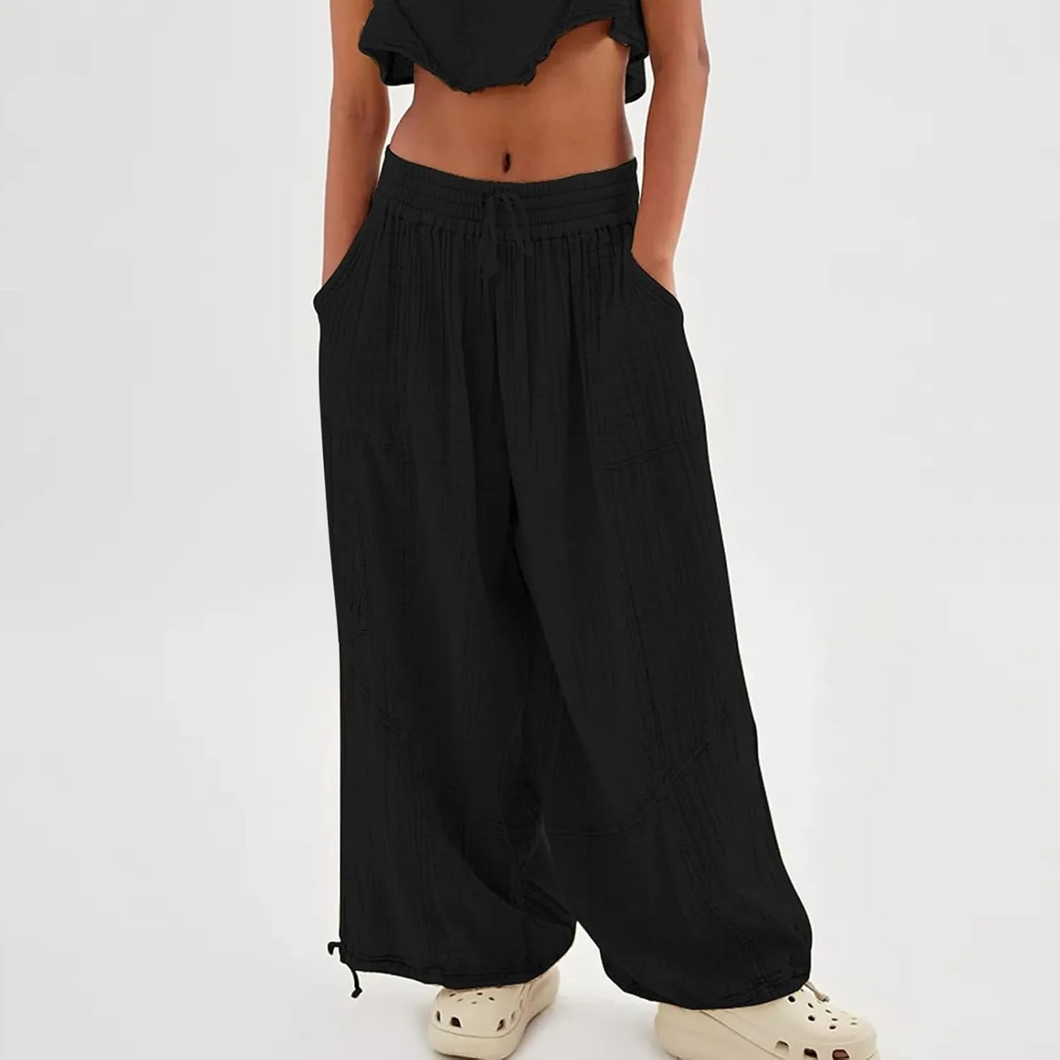 Litetao Wide Leg Pants Women Plus Size Comfy Hippie Harem Pants Baggy Linen High Waist Sweatpants Casual Trouser with Pockets