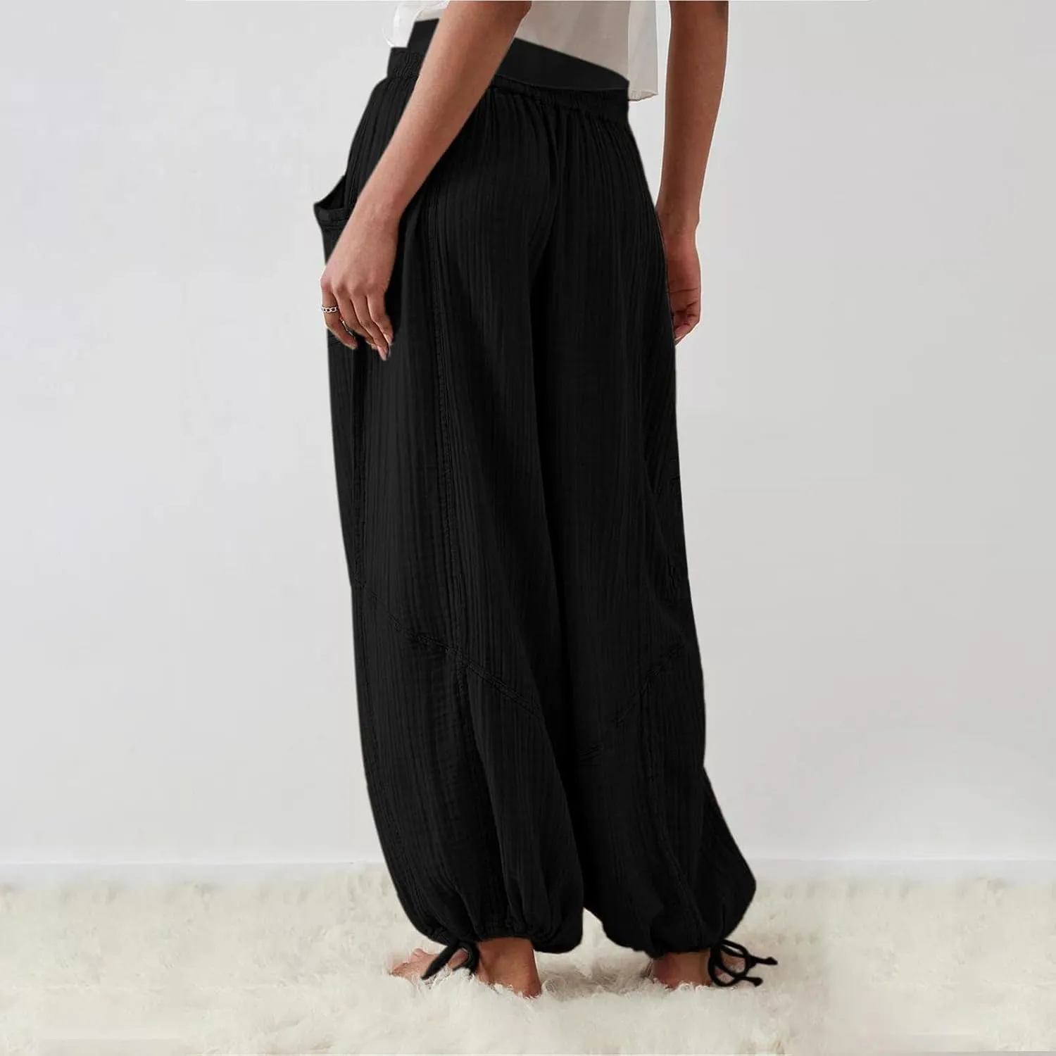 Litetao Wide Leg Pants Women Plus Size Comfy Hippie Harem Pants Baggy Linen High Waist Sweatpants Casual Trouser with Pockets