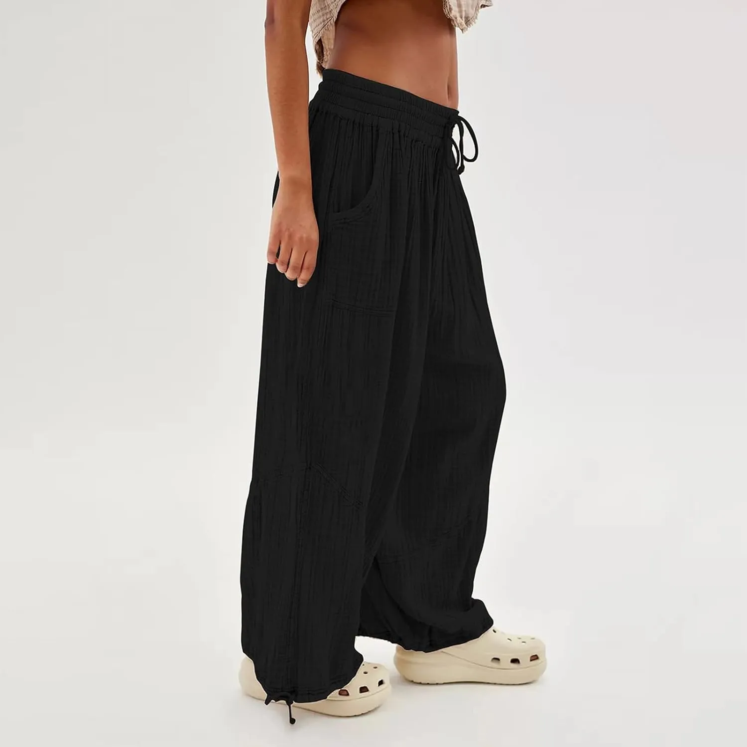 Litetao Wide Leg Pants Women Plus Size Comfy Hippie Harem Pants Baggy Linen High Waist Sweatpants Casual Trouser with Pockets
