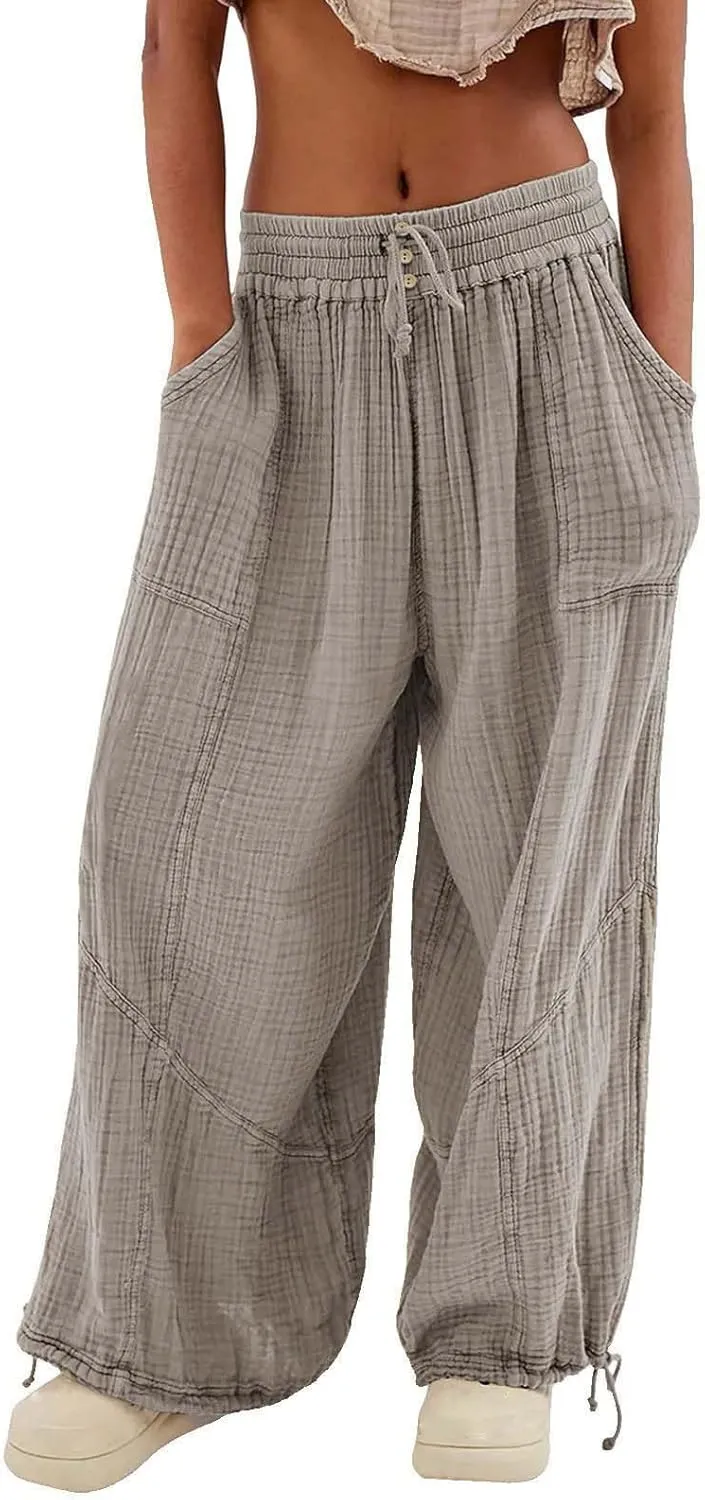 Litetao Wide Leg Pants Women Plus Size Comfy Hippie Harem Pants Baggy Linen High Waist Sweatpants Casual Trouser with Pockets