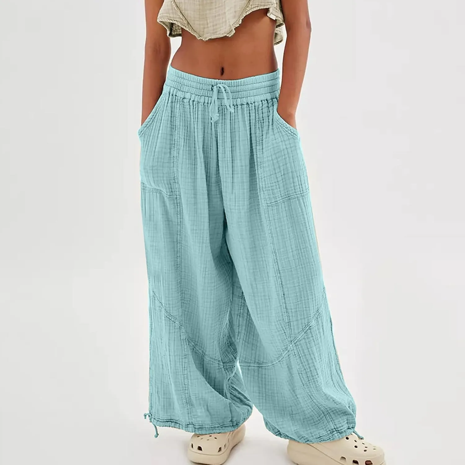 Litetao Wide Leg Pants Women Plus Size Comfy Hippie Harem Pants Baggy Linen High Waist Sweatpants Casual Trouser with Pockets