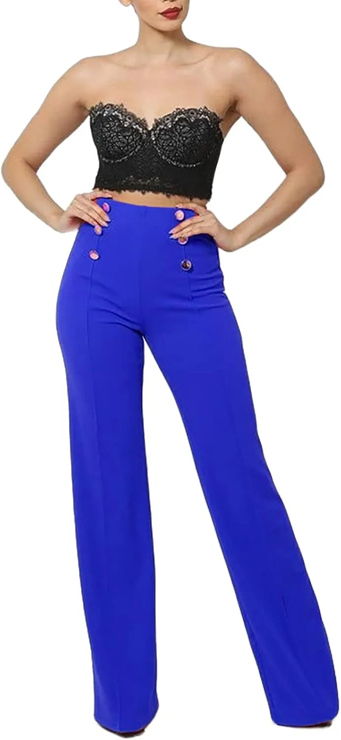 LKOUS Women's Stretchy High Waisted Wide Leg Button-Down Pants Work Dress Pant