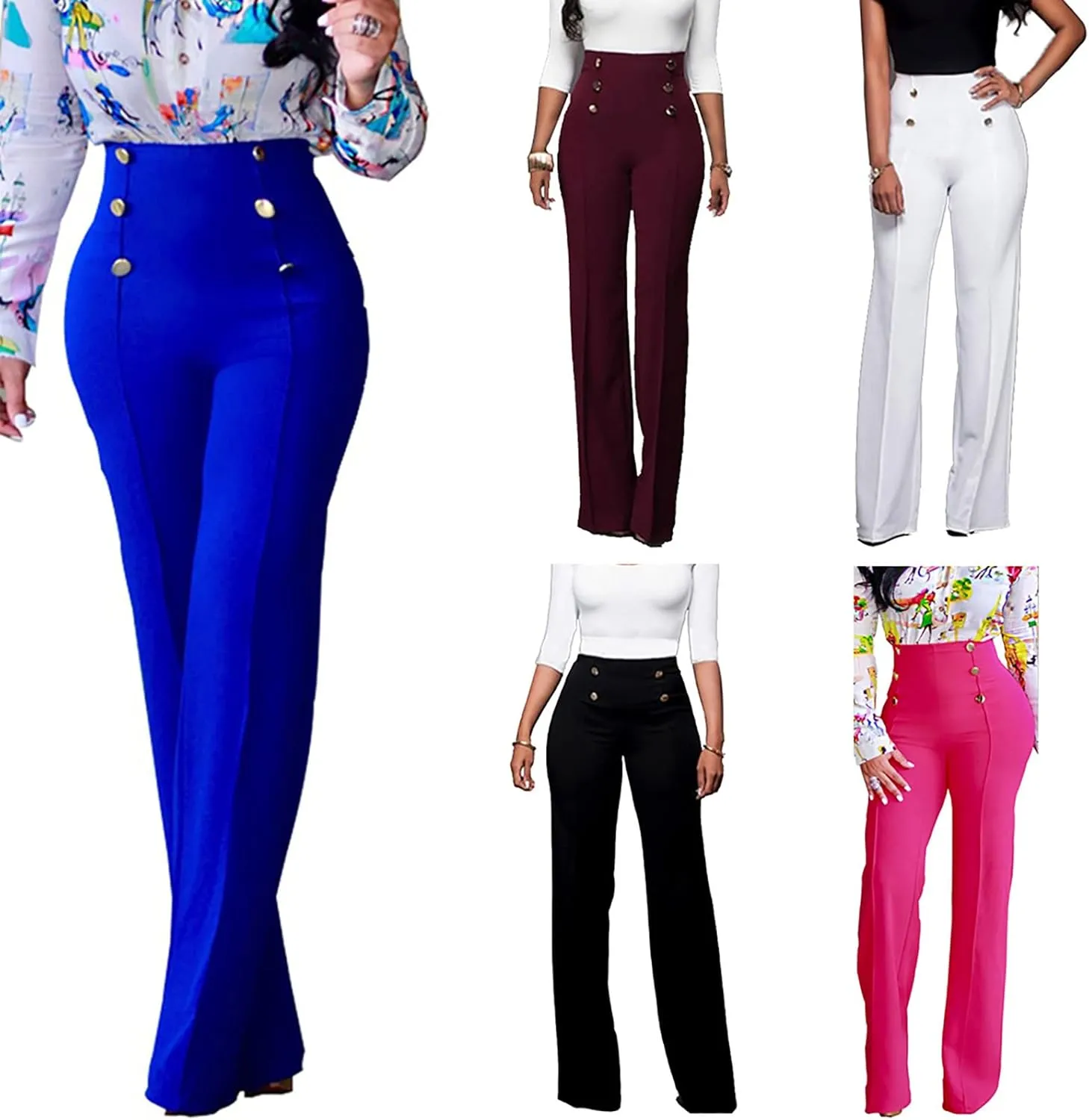LKOUS Women's Stretchy High Waisted Wide Leg Button-Down Pants Work Dress Pant
