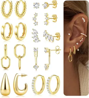 LOLIAS Small Gold Hoop Earring Stacks for Women - 14K Gold Plated Huggie Stud Hoop Earrings Hypoallergenic Stainless Steel Cartilage Earring Sets for Multiple Piercing Lightweight 9Pairs