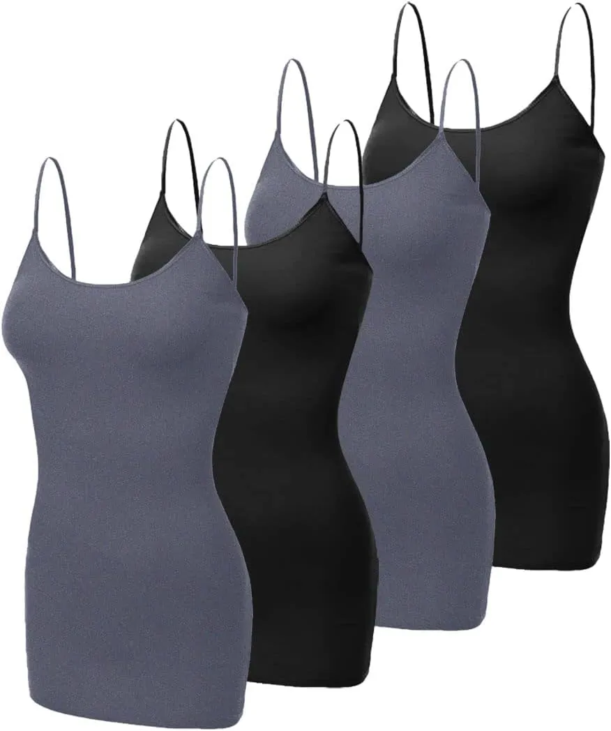 Long Camisole Tank Tops for Women - Undershirts Cami with Adjustable Spaghetti Strap 4 Pack (S-3XL)