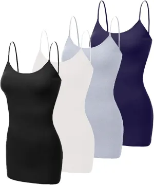 Long Camisole Tank Tops for Women - Undershirts Cami with Adjustable Spaghetti Strap 4 Pack (S-3XL)