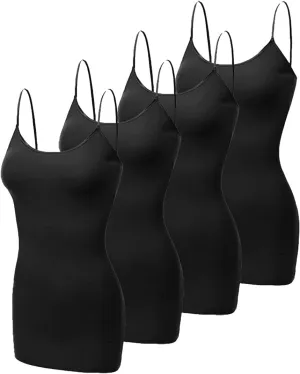 Long Camisole Tank Tops for Women - Undershirts Cami with Adjustable Spaghetti Strap 4 Pack (S-3XL)