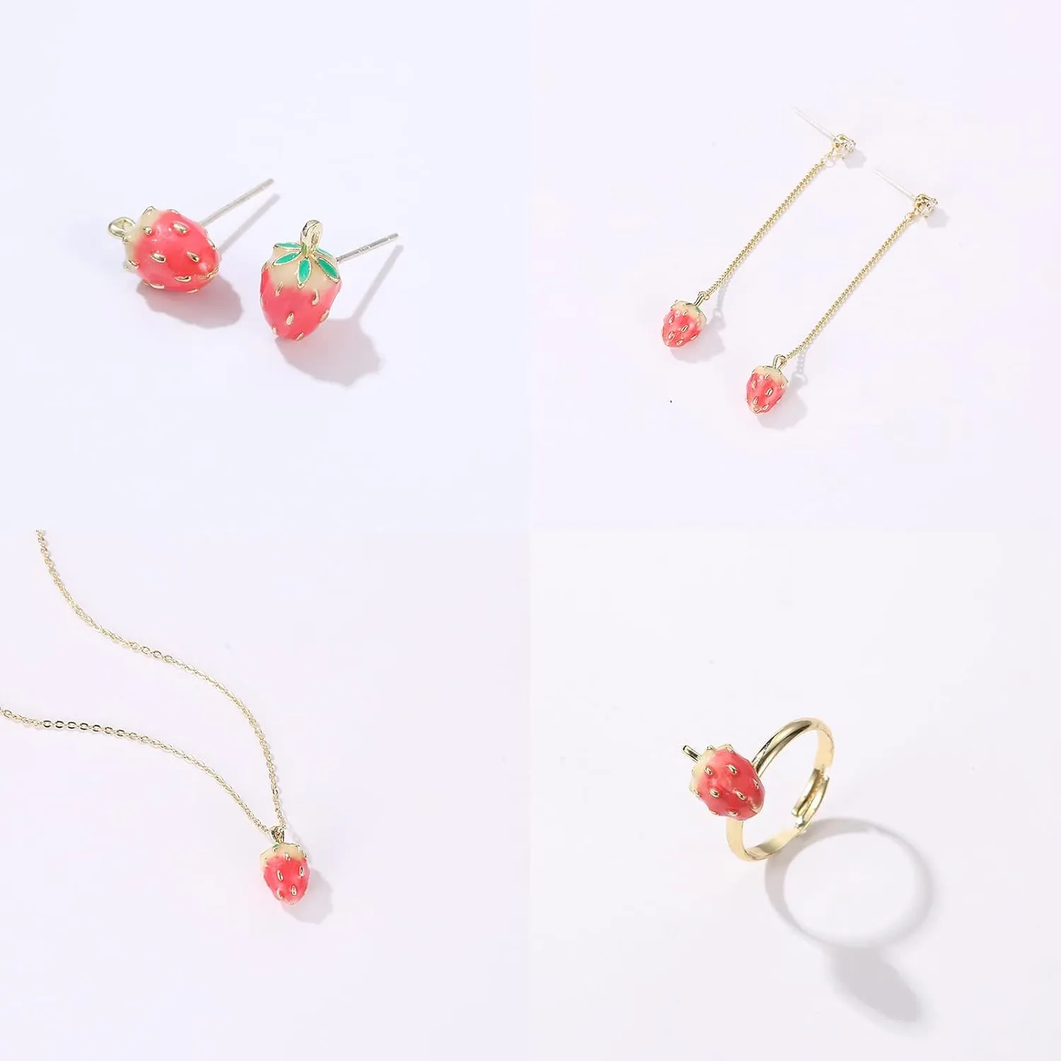 Long tiantian Strawberry Jewelry Set Strawberry Earrings Necklace Bracelet Ring Jewelry Set for Women Trendy Strawberry Charms Jewelry Strawberry Accessories Dress Gifts Stocking Stuffers