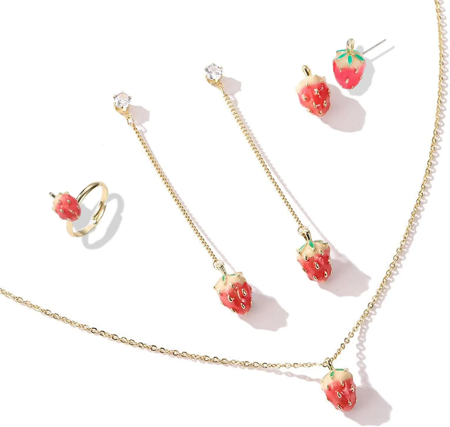 Long tiantian Strawberry Jewelry Set Strawberry Earrings Necklace Bracelet Ring Jewelry Set for Women Trendy Strawberry Charms Jewelry Strawberry Accessories Dress Gifts Stocking Stuffers