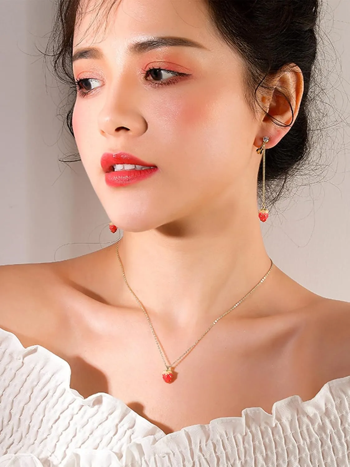 Long tiantian Strawberry Jewelry Set Strawberry Earrings Necklace Bracelet Ring Jewelry Set for Women Trendy Strawberry Charms Jewelry Strawberry Accessories Dress Gifts Stocking Stuffers