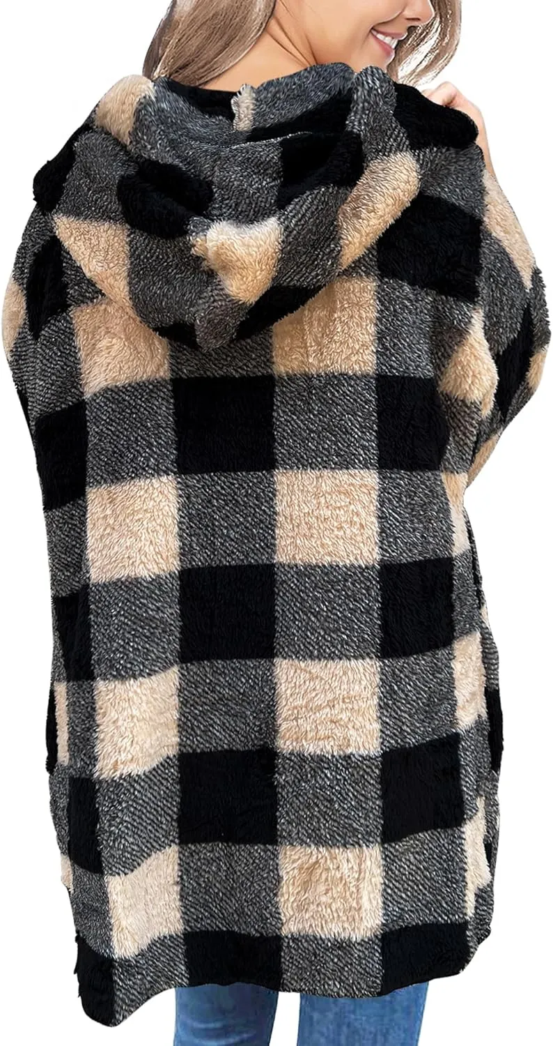 LookbookStore Womens Cardigan 2024 Winter Oversized Open Front Fleece Hooded Draped Pockets Jacket Coats