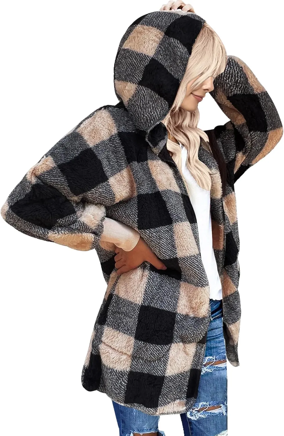 LookbookStore Womens Cardigan 2024 Winter Oversized Open Front Fleece Hooded Draped Pockets Jacket Coats