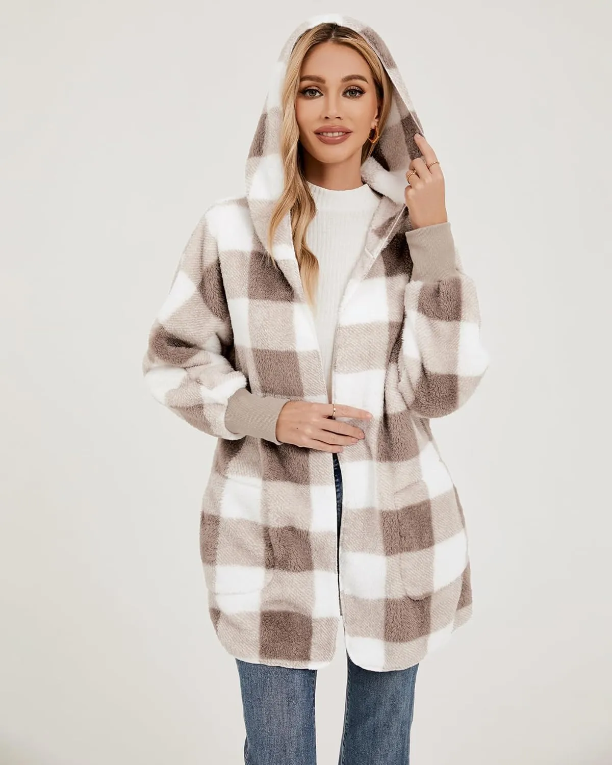 LookbookStore Womens Cardigan 2024 Winter Oversized Open Front Fleece Hooded Draped Pockets Jacket Coats