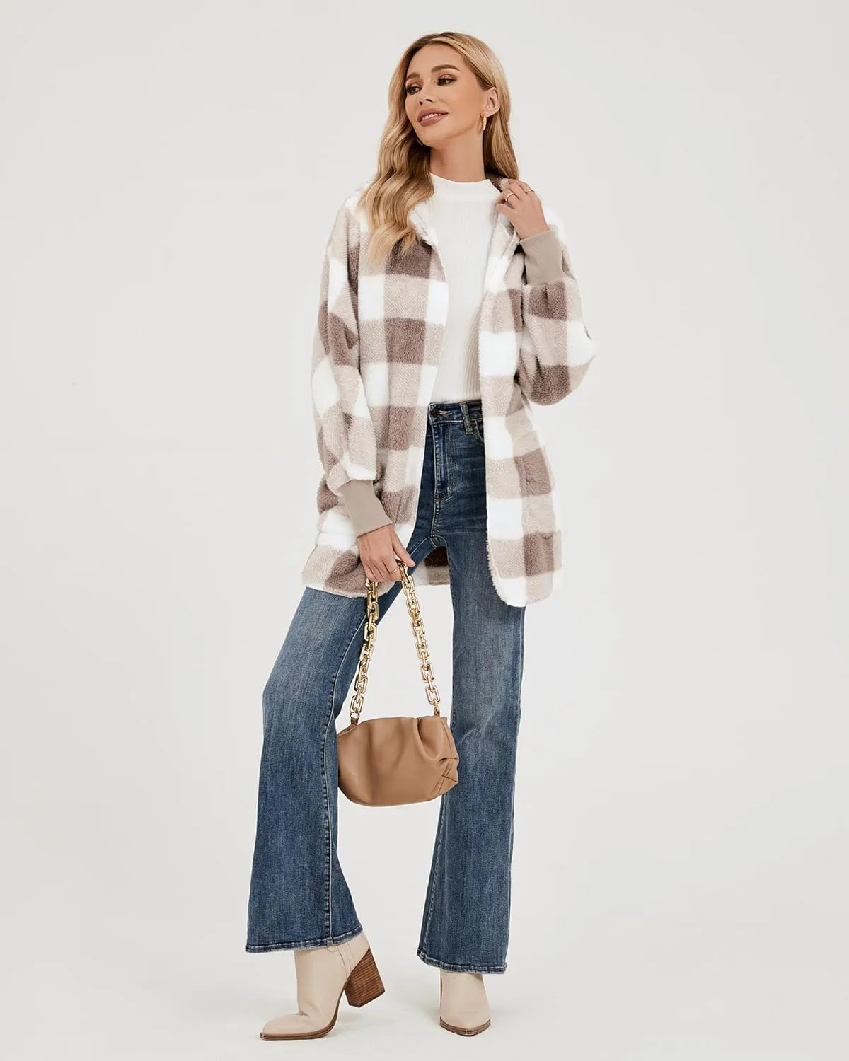 LookbookStore Womens Cardigan 2024 Winter Oversized Open Front Fleece Hooded Draped Pockets Jacket Coats
