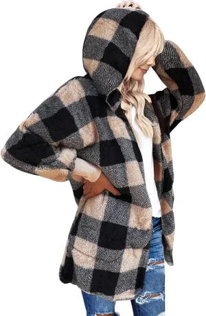 LookbookStore Womens Cardigan 2024 Winter Oversized Open Front Fleece Hooded Draped Pockets Jacket Coats