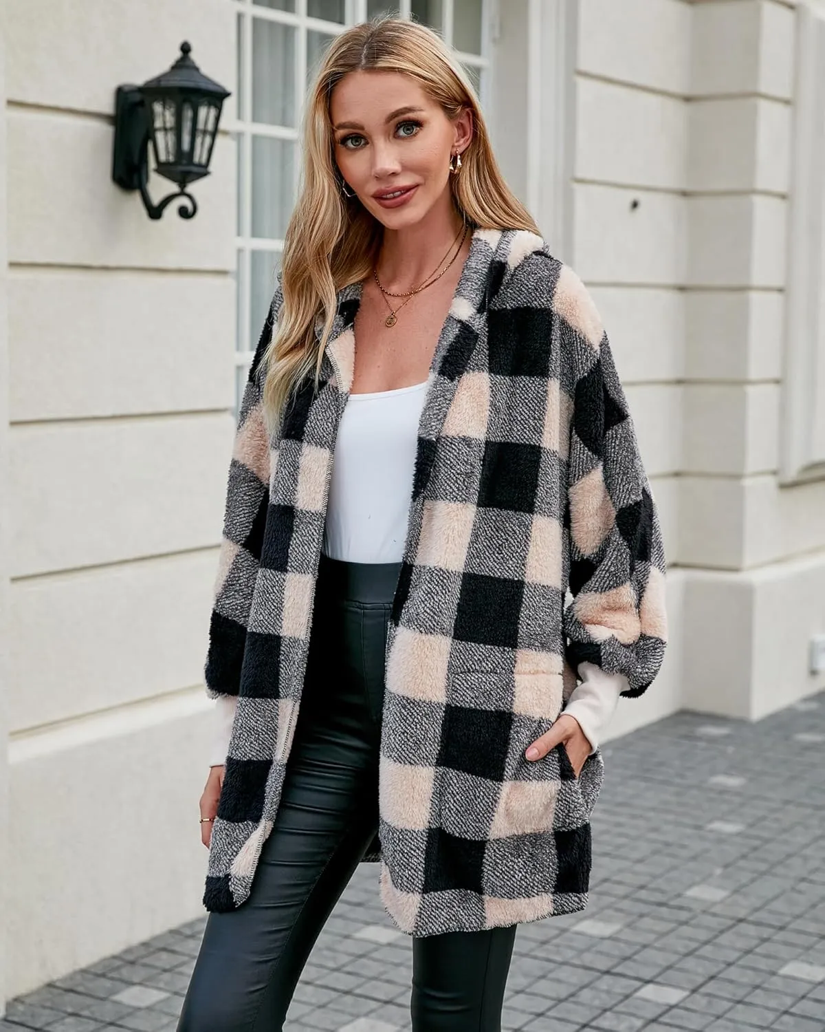 LookbookStore Womens Cardigan 2024 Winter Oversized Open Front Fleece Hooded Draped Pockets Jacket Coats