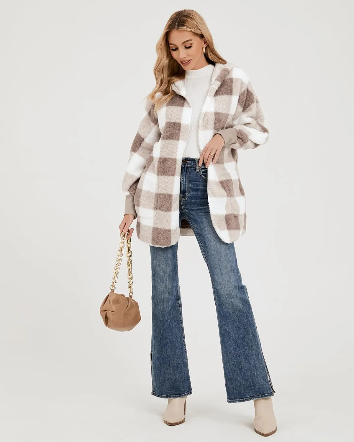 LookbookStore Womens Cardigan 2024 Winter Oversized Open Front Fleece Hooded Draped Pockets Jacket Coats