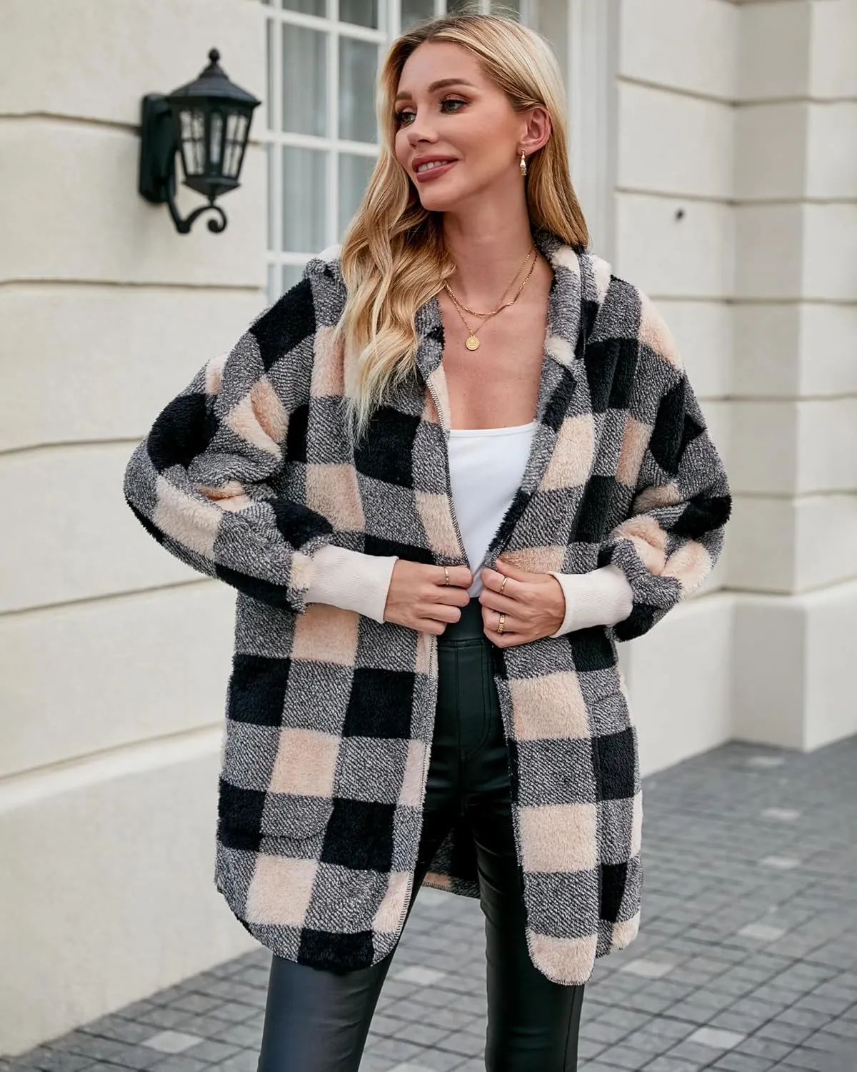 LookbookStore Womens Cardigan 2024 Winter Oversized Open Front Fleece Hooded Draped Pockets Jacket Coats