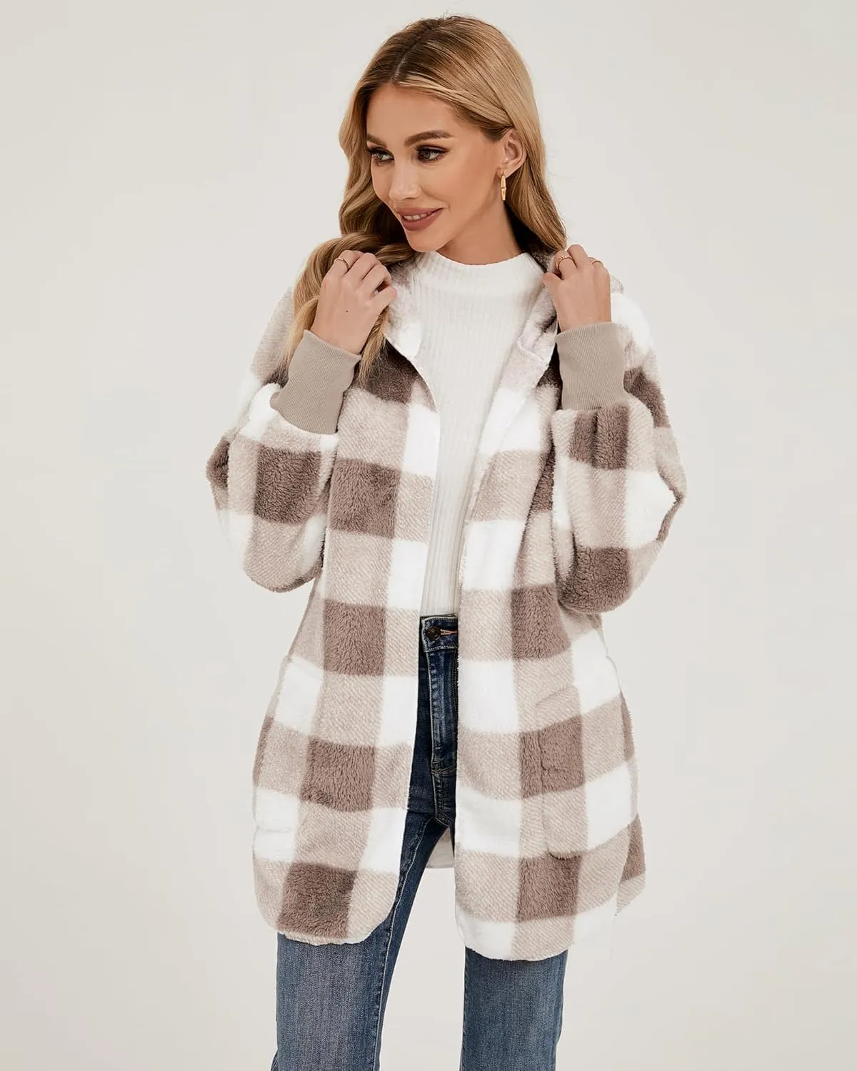 LookbookStore Womens Cardigan 2024 Winter Oversized Open Front Fleece Hooded Draped Pockets Jacket Coats