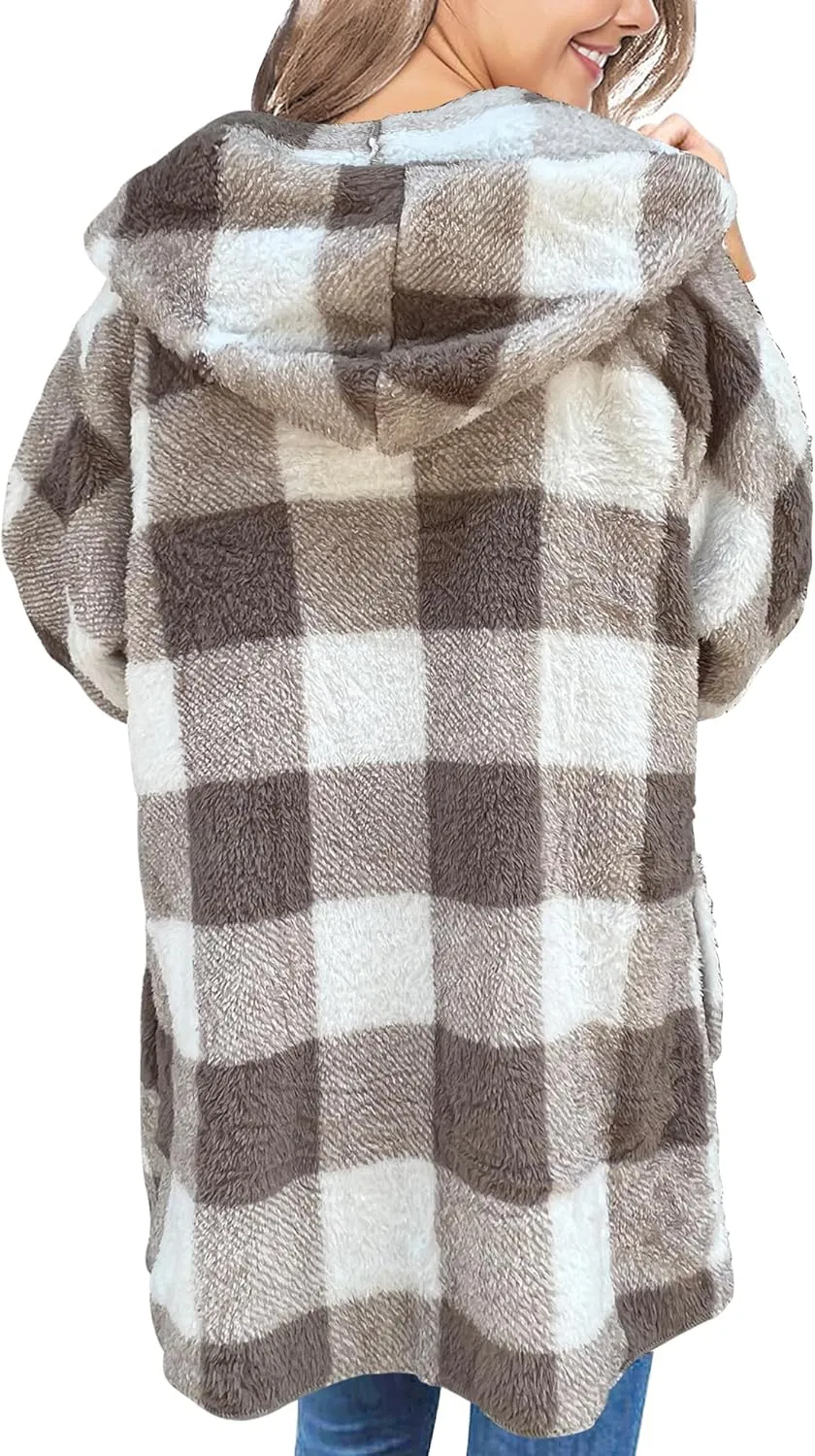 LookbookStore Womens Cardigan 2024 Winter Oversized Open Front Fleece Hooded Draped Pockets Jacket Coats