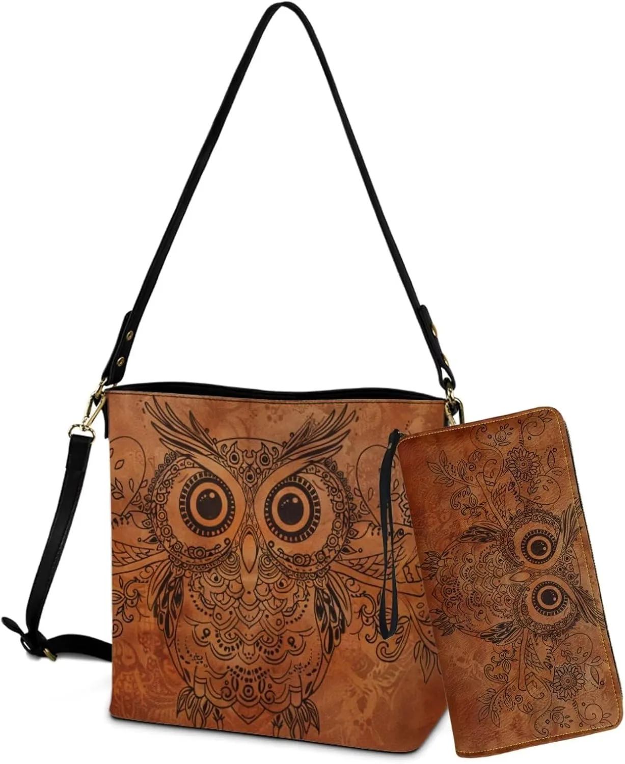 Lotusorchid Bucket Purse and Wallet Set, Leather Crossbody Shoulder Handbag Hobo Bag with Adjustable Strap for Women