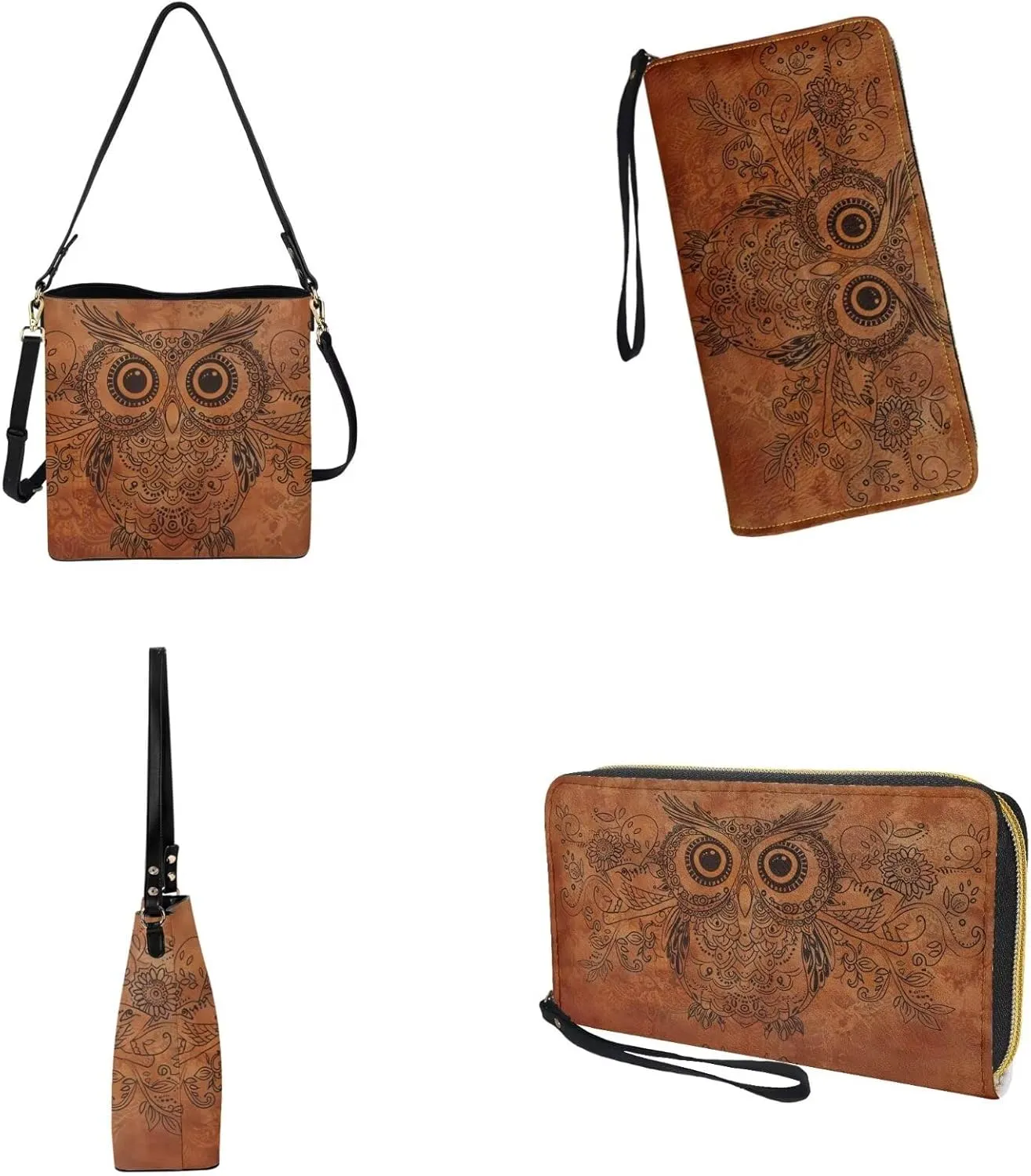 Lotusorchid Bucket Purse and Wallet Set, Leather Crossbody Shoulder Handbag Hobo Bag with Adjustable Strap for Women