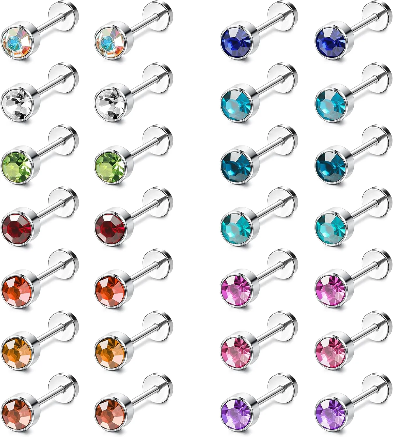 LOYALLOOK 14Pairs Stainless Steel CZ Stud Earrings for Women Men Multicolor Cubic Zirconia Flatback Earrings Pave Crystal Disco Ball Earrings with Flatback Cartilage Helix Earrings Set 20G