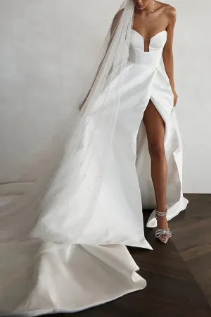Luolandi A-line V-neck side slit satin minimalist wedding dress for brides Off Shoulder Sexy White