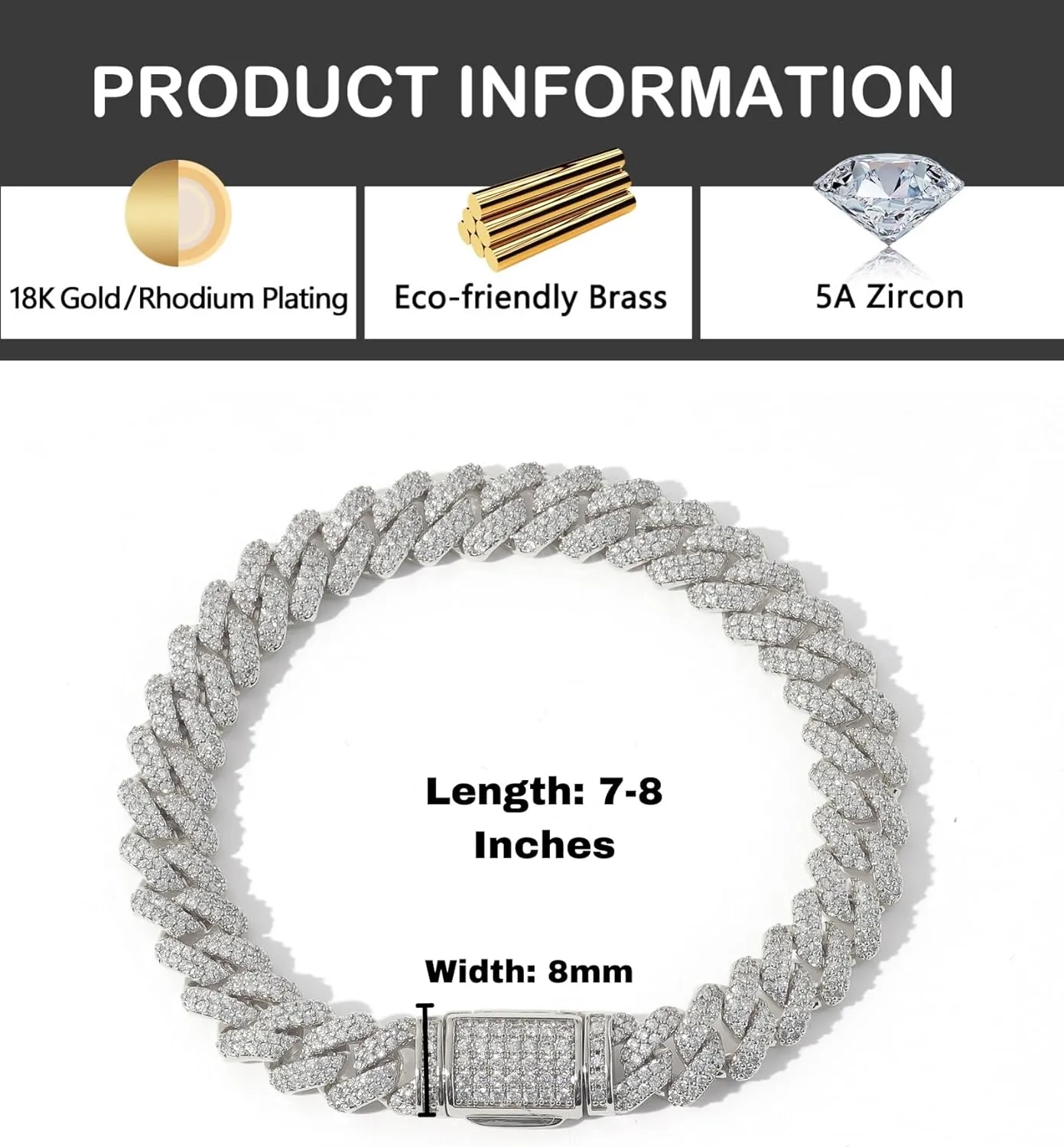 LuxeFlex Cuban Link Bracelet for Men and Women, 8mm 14K Gold/White Gold Plated, 5A Zircon Iced Out Cuban Link Chain Bracelet Set, Diamond CZ Rapper Necklace, Miami Hip Hop Jewelry