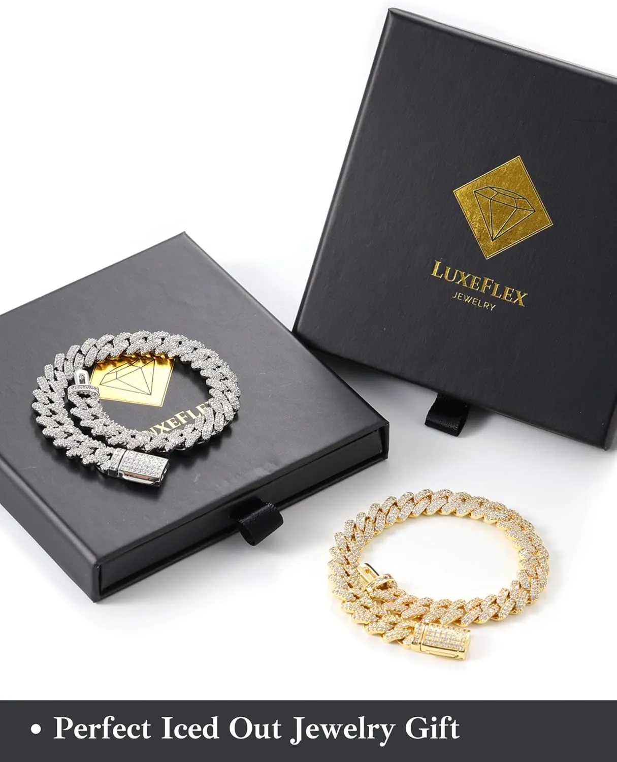 LuxeFlex Cuban Link Bracelet for Men and Women, 8mm 14K Gold/White Gold Plated, 5A Zircon Iced Out Cuban Link Chain Bracelet Set, Diamond CZ Rapper Necklace, Miami Hip Hop Jewelry