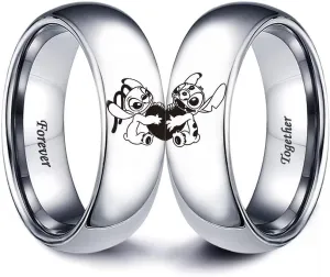 LWJYX Stitch & Angel Love Heart Couple Ring,Forever Together Anniversary Promise Wedding Band Stainless Steel Lovers Ring
