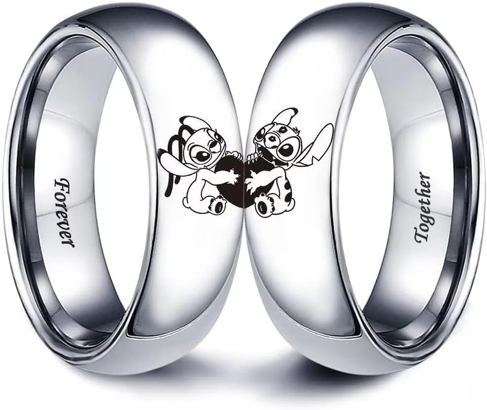 LWJYX Stitch & Angel Love Heart Couple Ring,Forever Together Anniversary Promise Wedding Band Stainless Steel Lovers Ring