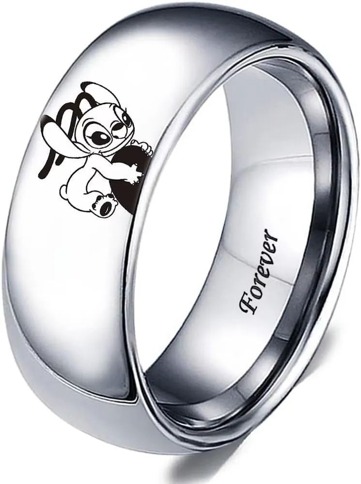 LWJYX Stitch & Angel Love Heart Couple Ring,Forever Together Anniversary Promise Wedding Band Stainless Steel Lovers Ring