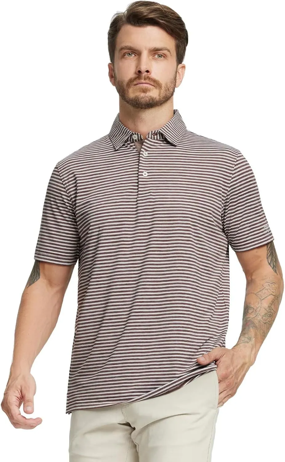 M MAELREG Golf Polo Shirts for Men Stripe Performance Moisture Wicking Dry Fit Collared Mens Polo Shirts Short Sleeve