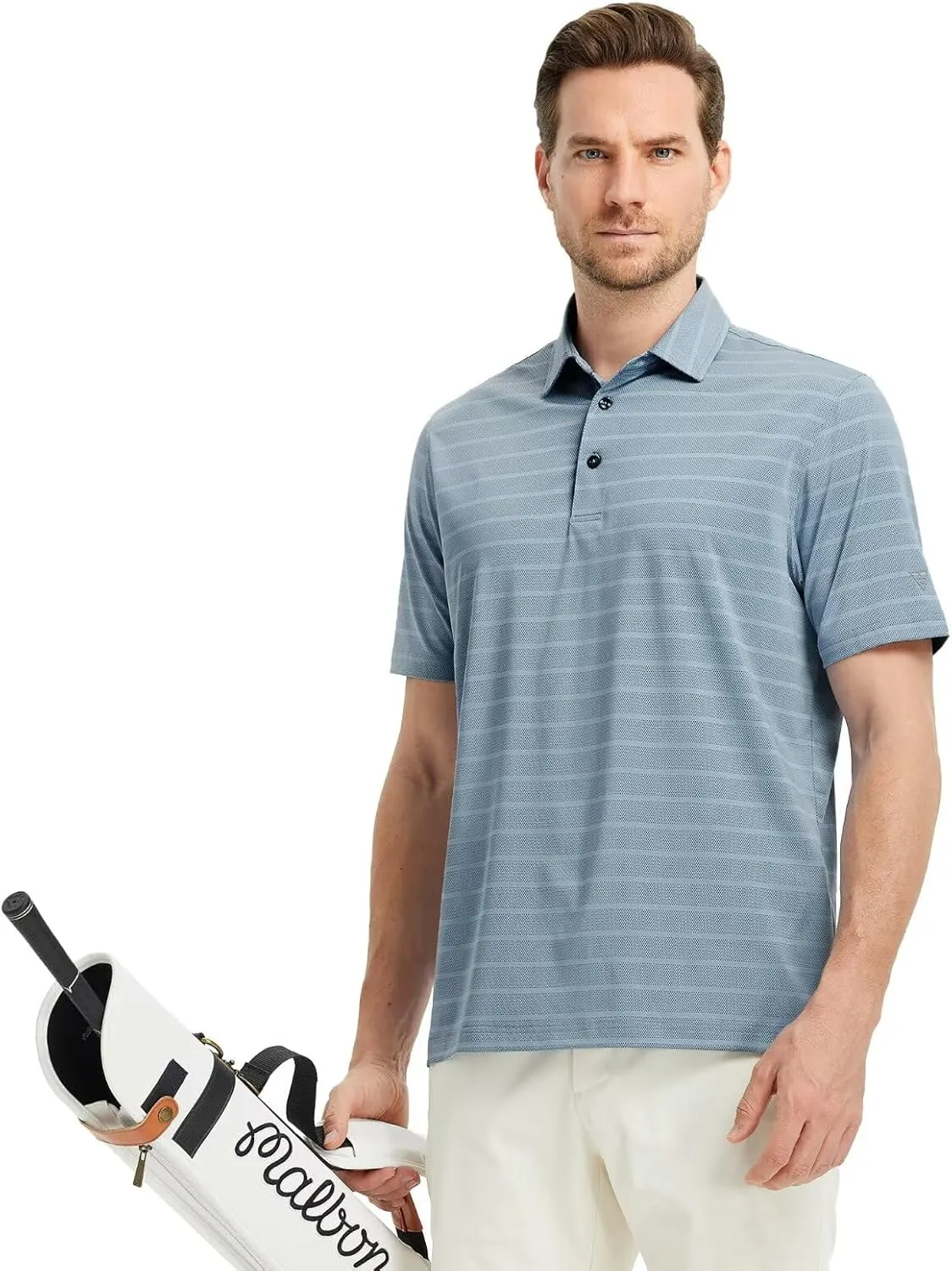 M MAELREG Men's Golf Shirts Moisture Wicking Dry Fit Lightweight Performance Short Sleeve Jacquard Striped Polo Shirts