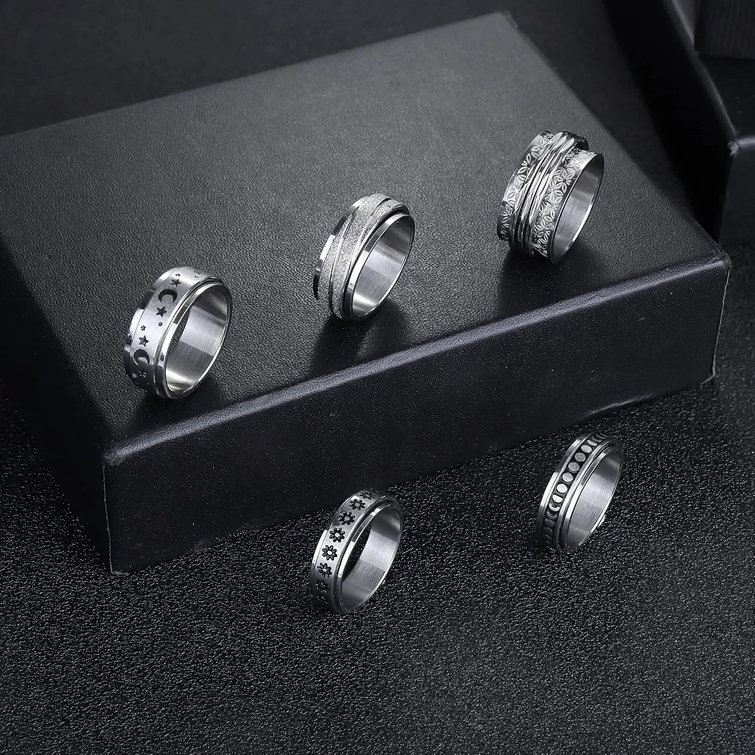 Magitaco Stainless Steel Spinner Rings Fidget Band Rings Moon Star Flower Butterfly Anxiety Rings for Women Men