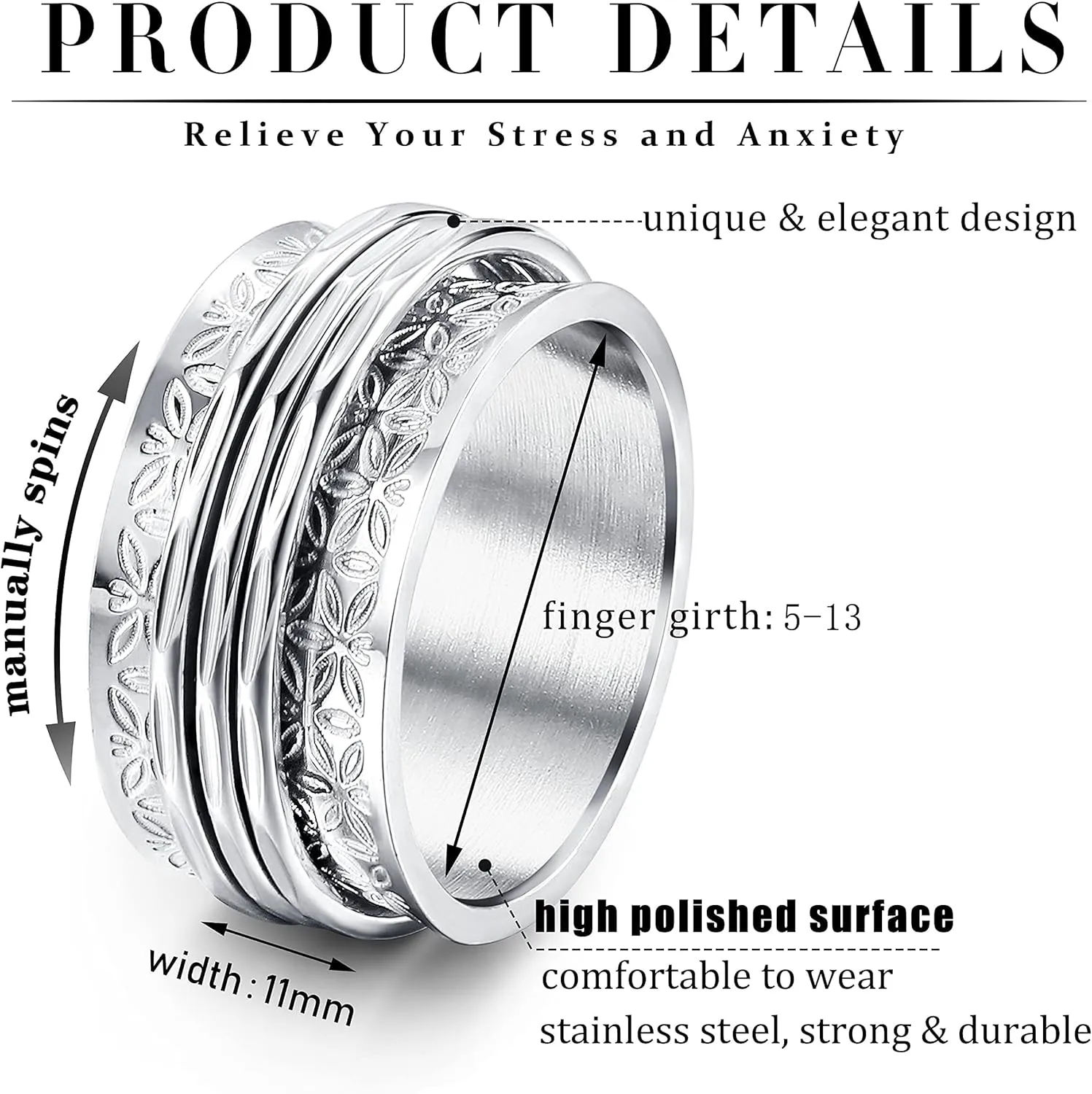 Magitaco Stainless Steel Spinner Rings Fidget Band Rings Moon Star Flower Butterfly Anxiety Rings for Women Men