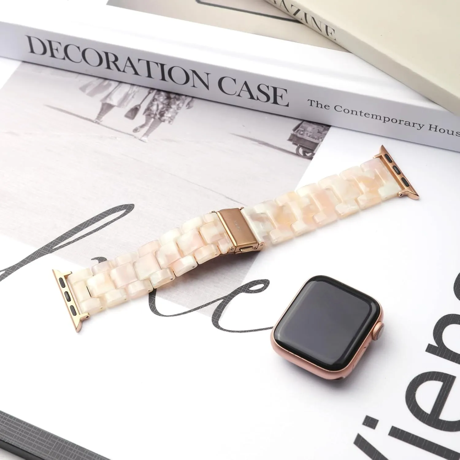 MAIRUI Resin Watch Band Compatible with Apple Watch for Women Men 41mm/40mm/38mm Series 9/8/7/6 SE Slim Bands Strap Bracelet Wristband for iWatch 5/4/3/2/1/Ultra/Ultra 2(Pink Tan)