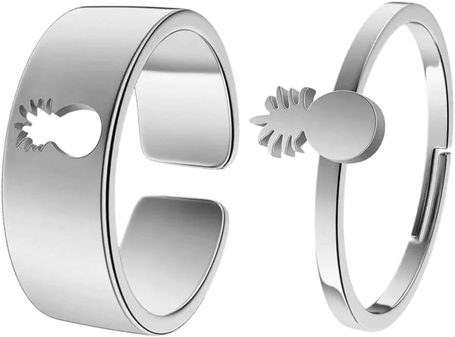 Matching Pineapple Couple Rings Tropical Stainless Steel Jewelry Set for Couples Symbol of Everlasting Love Friendship Hypoallergenic Unisex Gift for Wedding Valentine's Anniversary