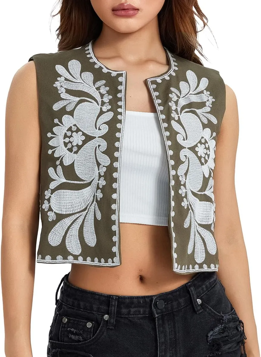 Meihuida Women Embroidered Vest Top Y2k Vintage Open Front Floral Boho Cropped Waistcoat