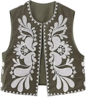 Meihuida Women Embroidered Vest Top Y2k Vintage Open Front Floral Boho Cropped Waistcoat