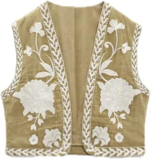 Meihuida Women Embroidered Vest Top Y2k Vintage Open Front Floral Boho Cropped Waistcoat