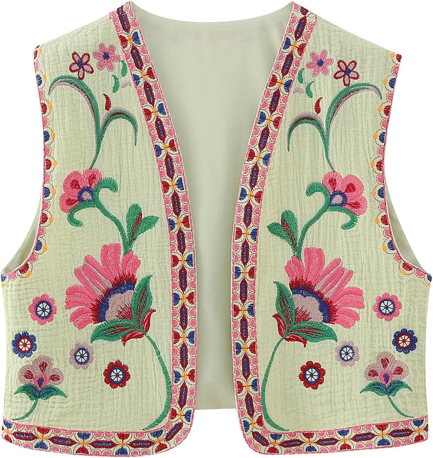 Meihuida Women Embroidered Vest Top Y2k Vintage Open Front Floral Boho Cropped Waistcoat