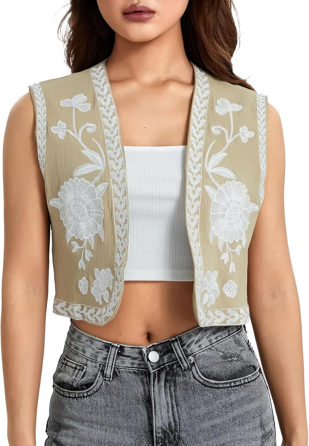 Meihuida Women Embroidered Vest Top Y2k Vintage Open Front Floral Boho Cropped Waistcoat