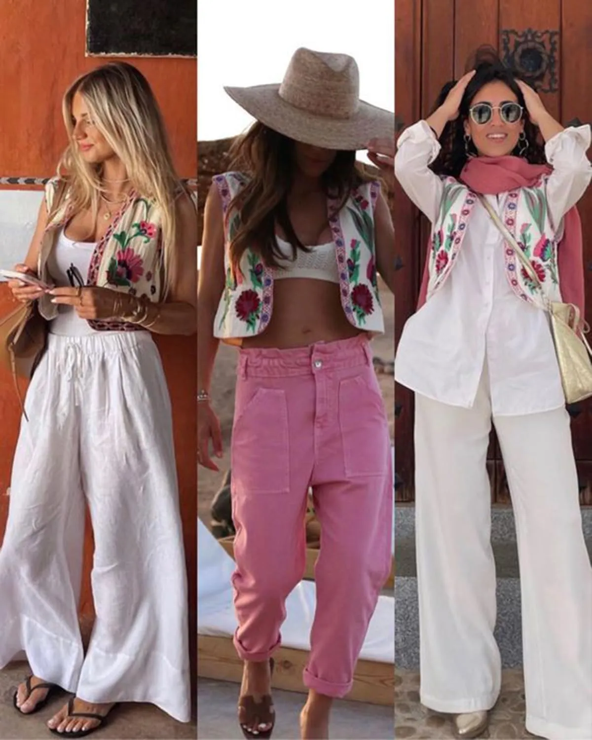 Meihuida Women Embroidered Vest Top Y2k Vintage Open Front Floral Boho Cropped Waistcoat